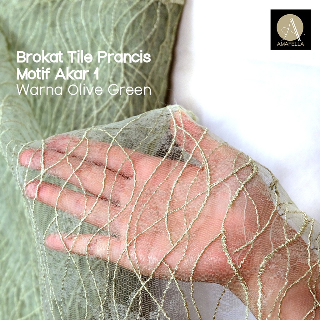 1/2 meter Kain Brokat Brukat Tile Prancis Bahan Kebaya Motif Garis Olive Green (Hijau)