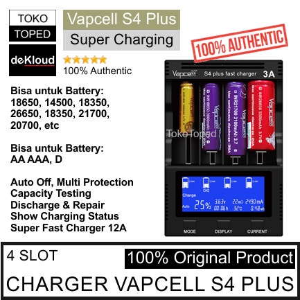 Original VAPCELL S4 PLUS Fast Charger Battery |18650 21700 AAA AA D baterai batre li-ion A2 A3 4slot