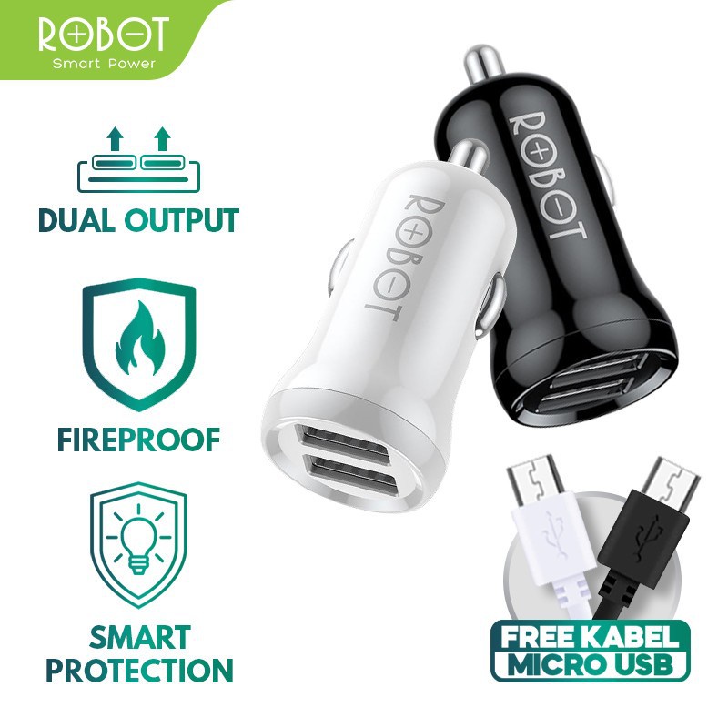 A_    ROBOT RT-C07 CAR CHARGER COLOKAN MOBIL/2 PORT USB/FREE KABEL MICRO USB