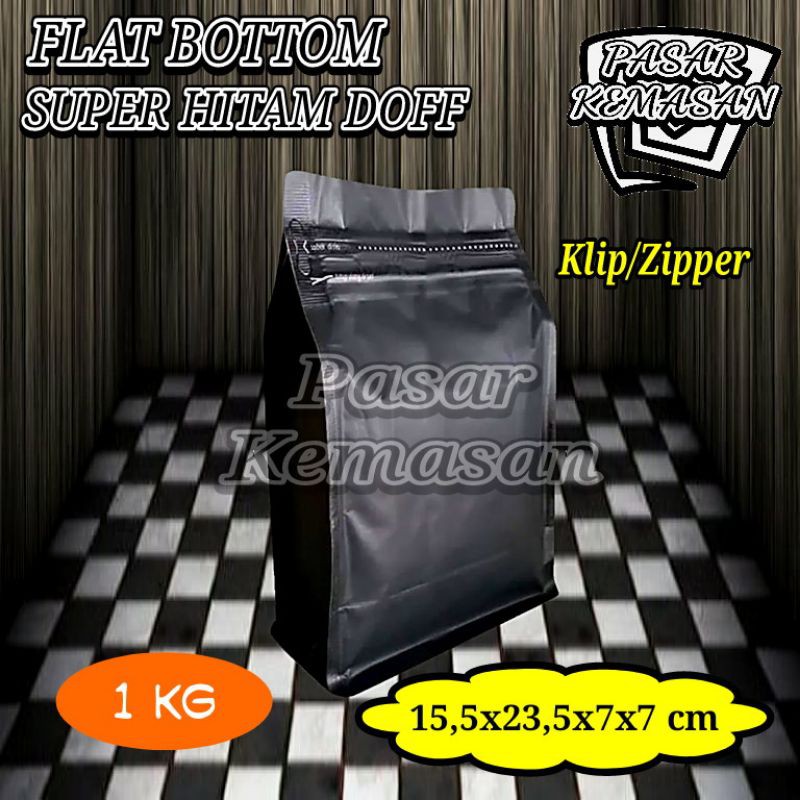 FLAT BOTTOM SUPER HITAM DOFF 1 KG GUSSET KEMASAN KOPI-BUBUK-SNACK