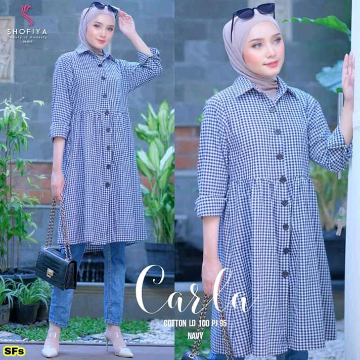 Tunik terbaru 2021 untuk lebaran // Tunik Carla motif kotak kecil // COD - Clothing - Clothing