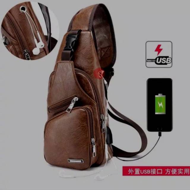 Tas selempang pria tas kulit free kabel usb colokan untuk changer hp ada lubang untuk earphone