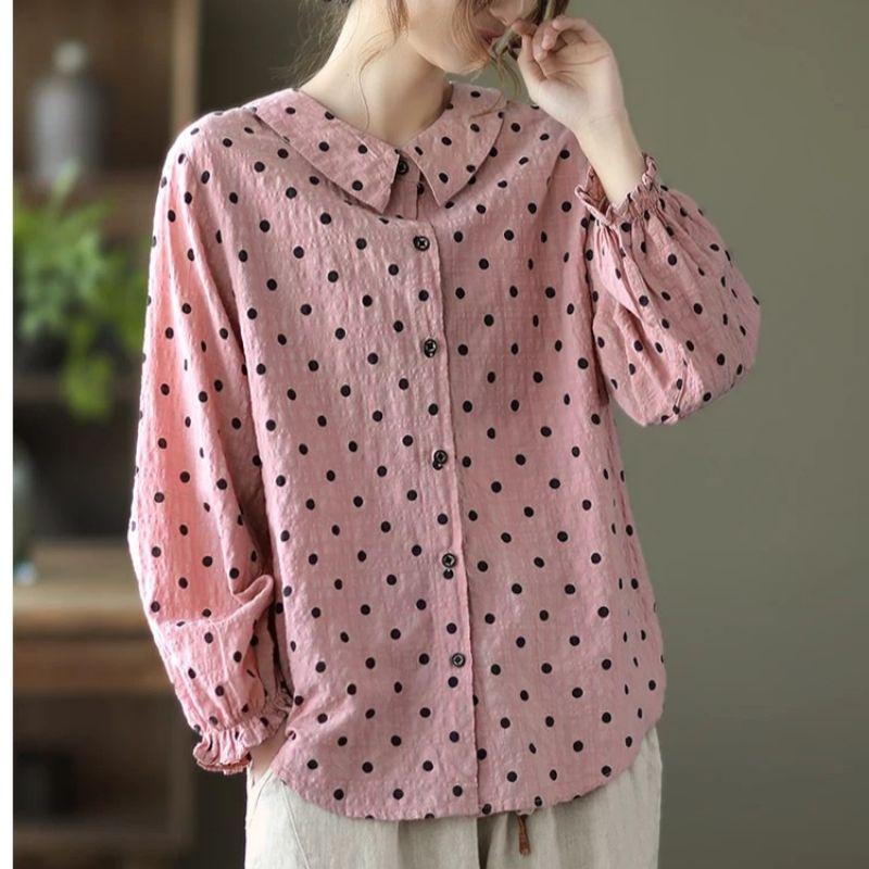 9871 Baju atasan kemeja blouse BABYDOLL shirt top polkadot lengan panjang Korean style wanita import