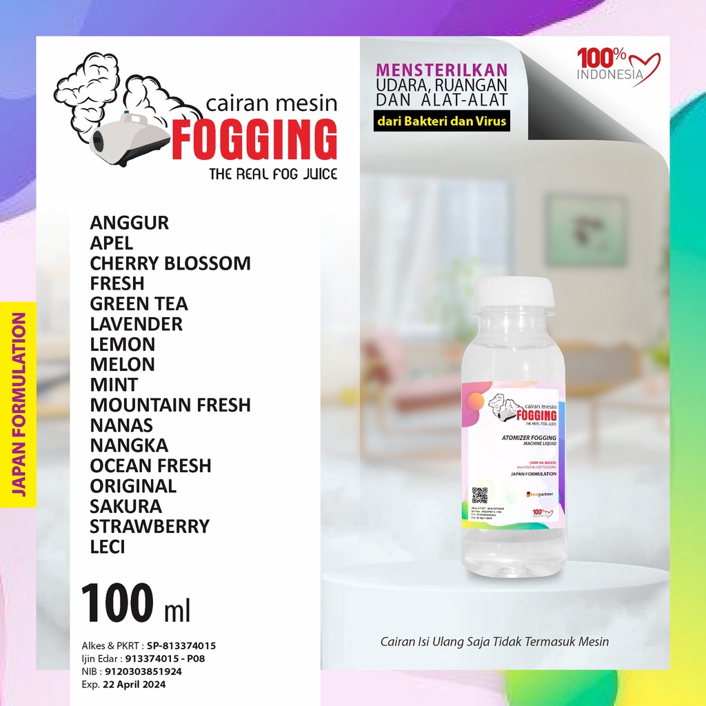 Cairan Mesin Fogging Aroma Segar 100 ml Botol / Cairan Fogging Atomizer Segar 100 ml botol Pet