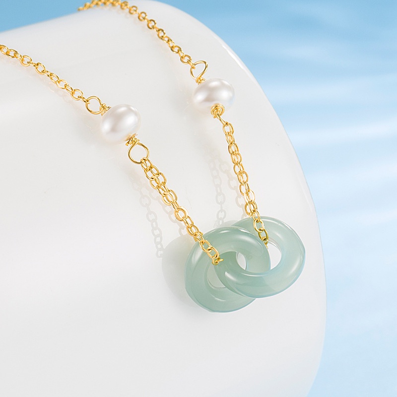 Kalung Rantai Klavikula Dengan Gesper Cincin Ganda Bahan Giok Hetian Alami Tidak Alergi Untuk Wanita