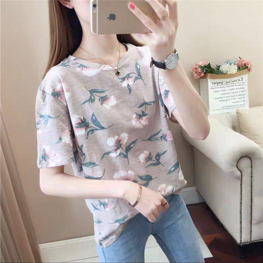 Oversize Tee Tshirt Model Longgar Untuk Wanita Motif Bunga Cream