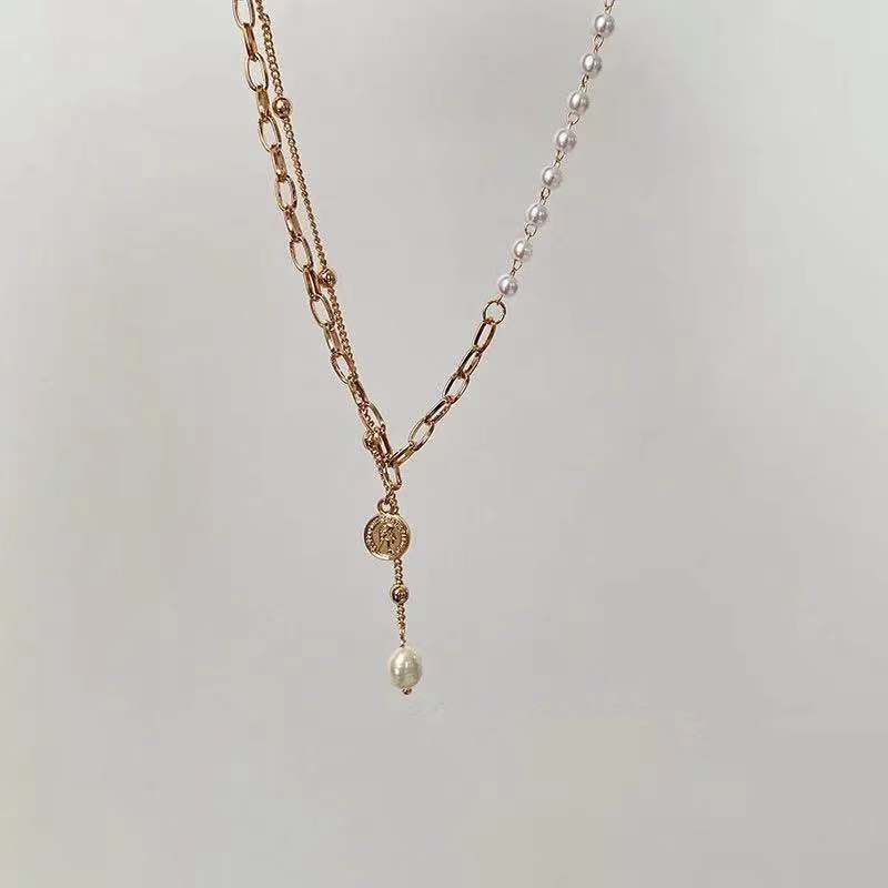 Kalung Rantai Klavikula Hias Mutiara Bahan Alloy Gaya Vintage