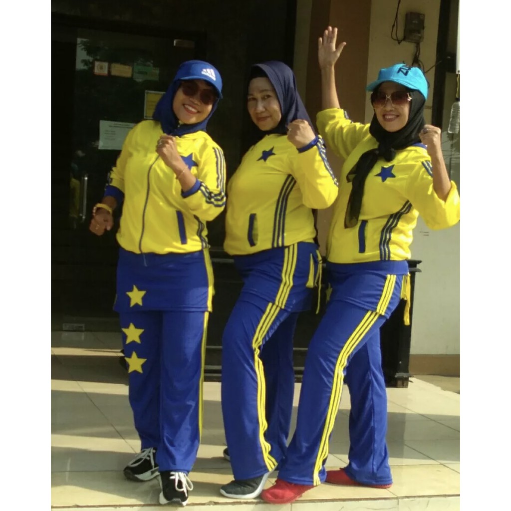 Baju Senam Aerobic Zumba Gym Fitness Jogging Cycling Olahraga Panjang Muslim Rok Bintang Kuning Biru