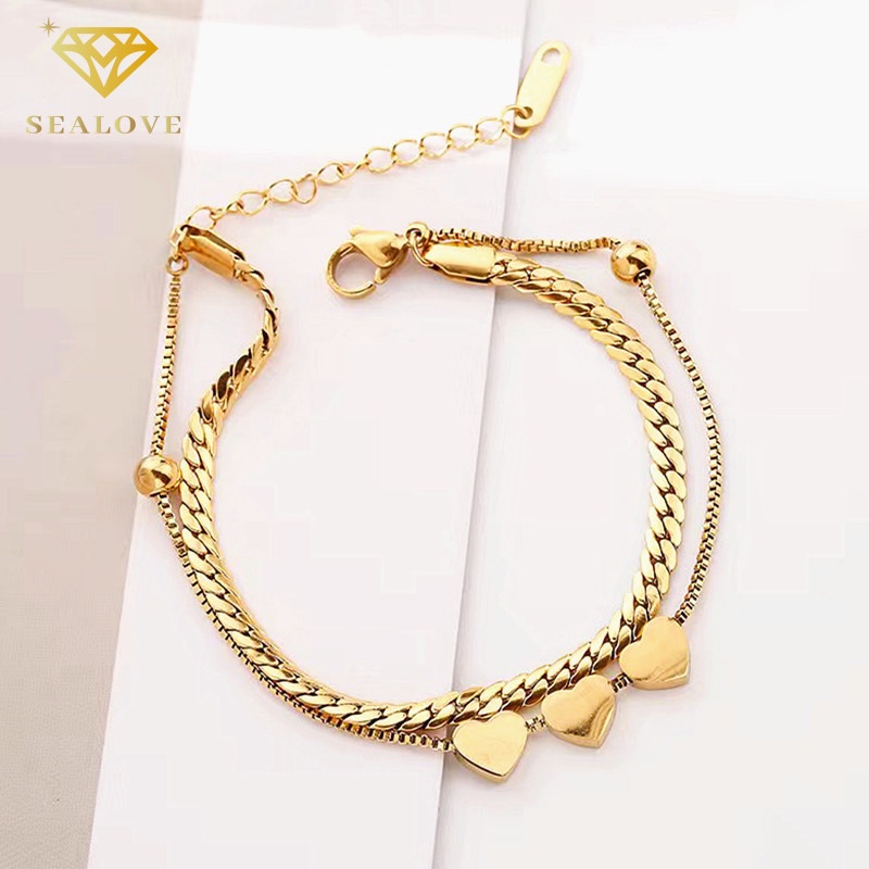 Gelang Titanium Wanita anti karat dan anti luntur 18k Emas Hati Rantai Gelang Perhiasan Fashion Korea