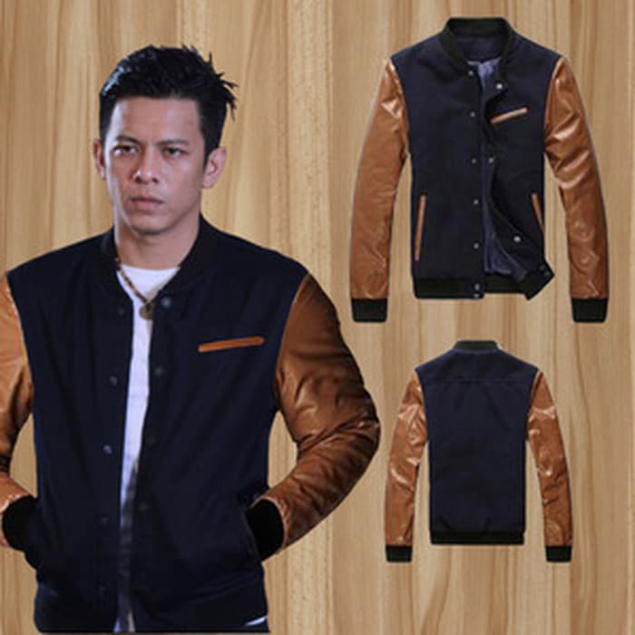 NEW MT JAKET SEMI KULIT ARIEL BASE BALL KOMBINASI HITAM COKLAT