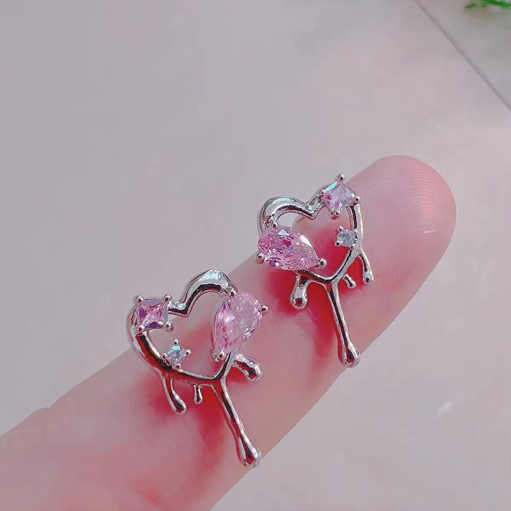 IFYOU Anting Stud Zircon Bentuk Hati Warna Hitam Pink Gaya Retro Korea Untuk Wanita