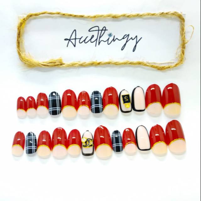Kuku Palsu Motif Gucci Merah Hitam isi 24pcs / Fake Nails Fakenails Nails Art 3D / ytj04-m