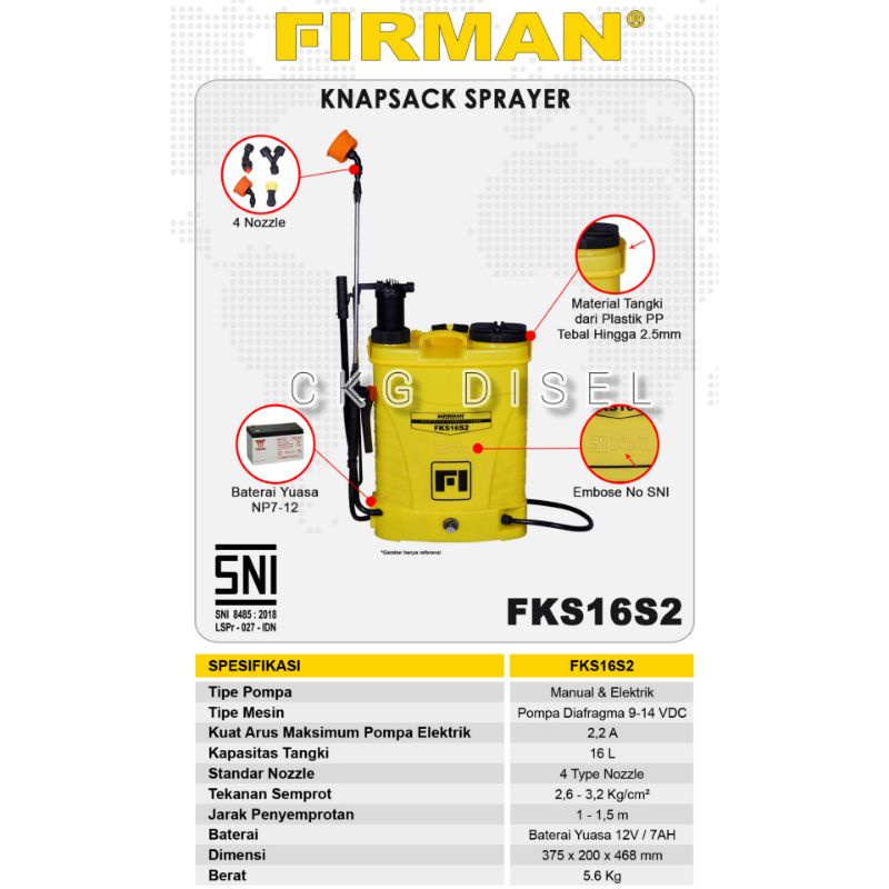 Sprayer Firman / Knapsack Elektrik FKS 162 2in1 SNI ORIGINAL
