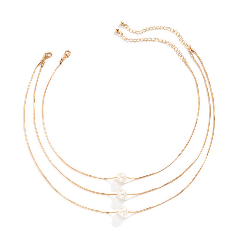 Kalung Rantai Tulang Ular Multilayer 18k Gold Aksen Mutiara Imitasi Untuk Wanita