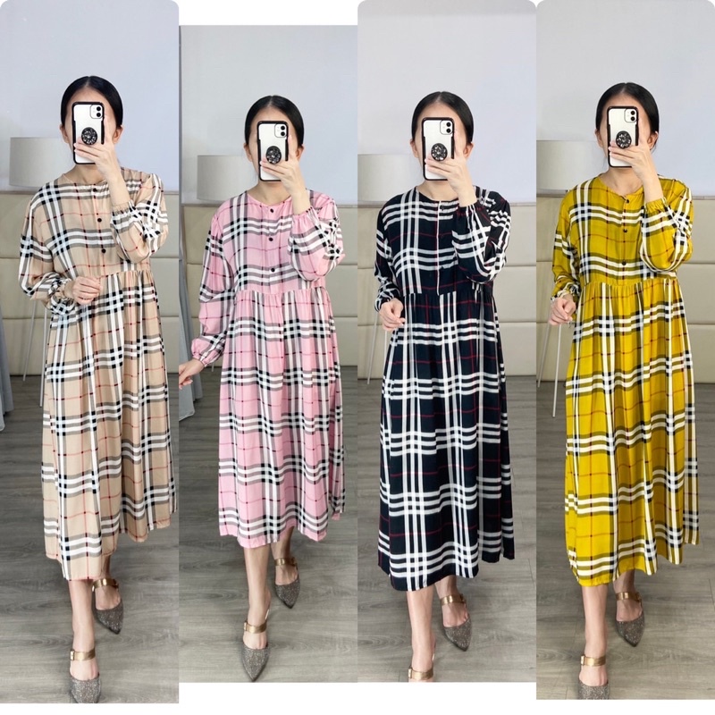 Midi Tunik Motif kotak /  rayon Tunik Premium / Tunik busui / midi dress busui