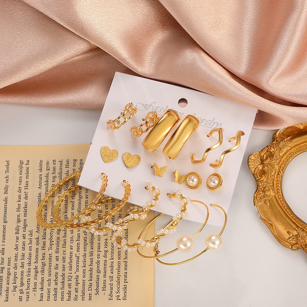 9 Pcs / set Anting Mutiara Imitasi Bentuk Geometris Bahan alloy Gaya retro Eropa Amerika