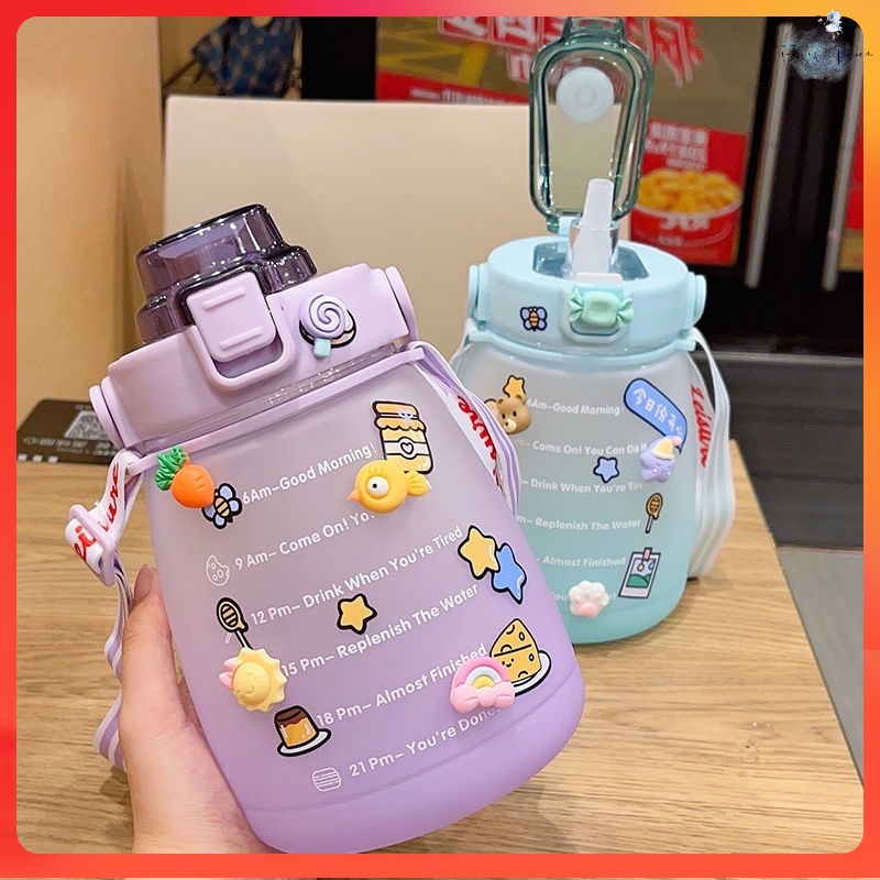 【Stiker gratis】Botol Minum Big Belly Gemoy 1400ML 1.4Liter Botol Motivasi Penanda Waktu Botol Minum Viral