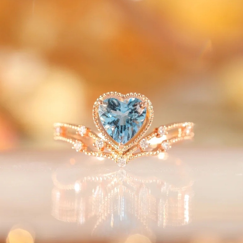 Aquamarine Yang Mewah Cincin Baja Titanium Berlian Rose Gold Perhiasan Fashion Wanita Pernikahan Rings