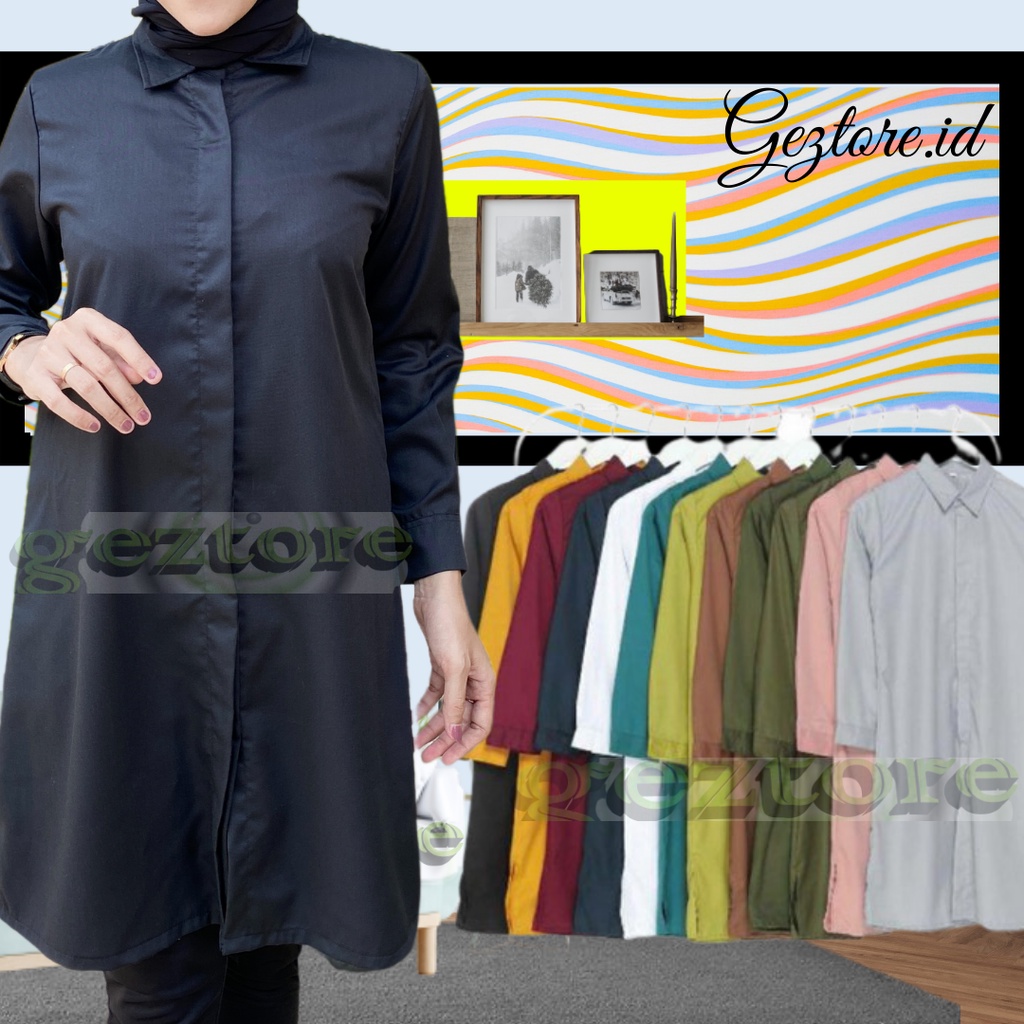 Kemeja Tunik Basic Shirt Long Dress Hitam Putih Polos Kancing Baju Ootd Kekinian Atasan Muslim Blous