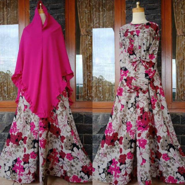 Gamis jumbo wolfis motif bunga Pink Fanta