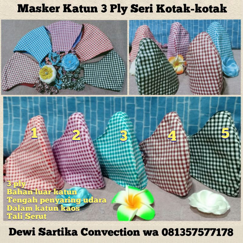 Masker katun motif kotak tali Serut