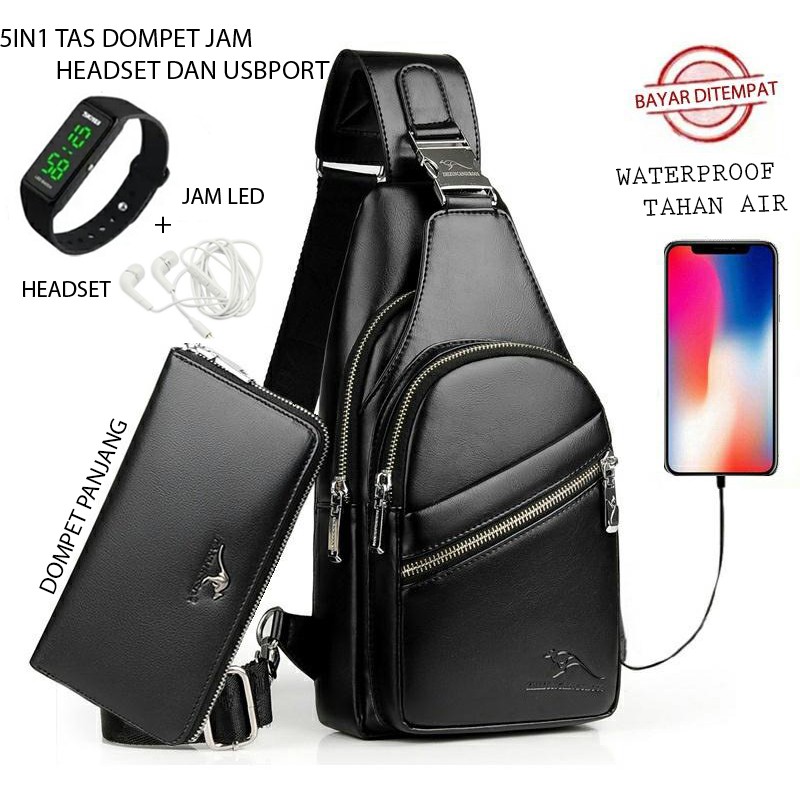 TANMESSO  5IN1 BAYAR DITEMPAT-BONUS JAM LED,DOMPET &amp; USBPORT&amp;HEADSET- TAS SELEMPANG PRIA