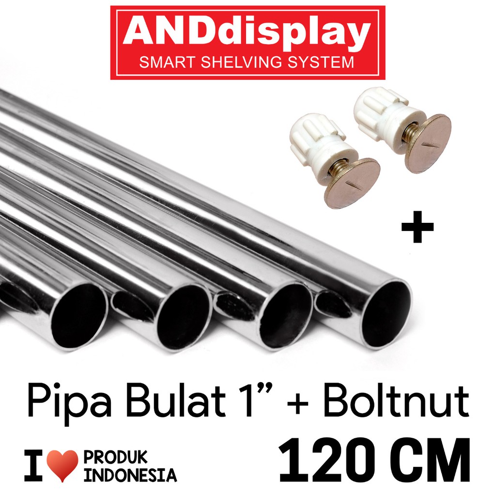 PIPA BULAT P.120CM + TUTUP PIPA BULAT BOLTNUT 1&quot; 25MM STAINLESS STEEL ANDDISPLAY