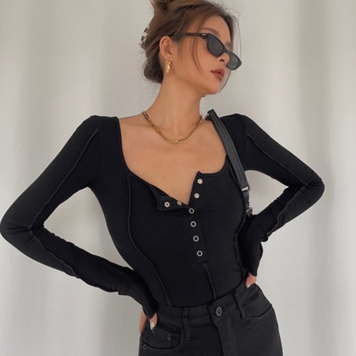 【LIVIAHOME】U Neck Long Sleeve Button Up Slim T-Shirt 7027