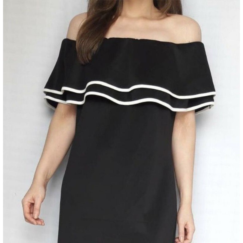 Black ruffled Off  shoulder scuba maxi dress