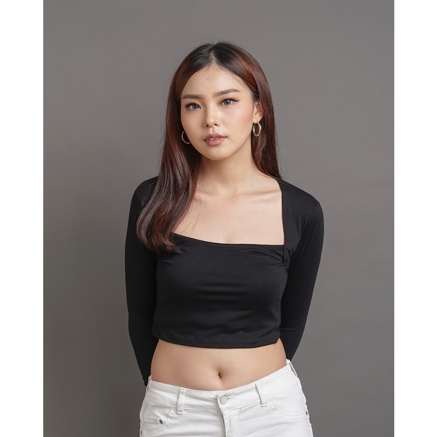 MODAVIE - LAURA Longsleeve Square Crop Top Korean Style Baju Atasan Wanita Lengan Panjang Crop Tee