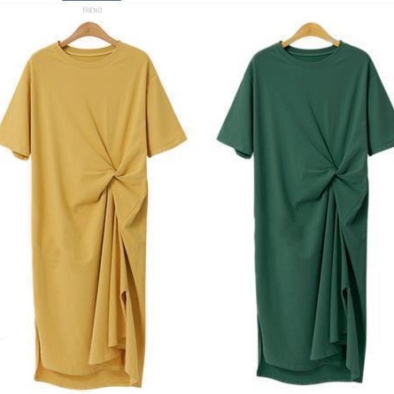 Basic Knotted Long Dress Wanita Casual Lengan Pendek 2006 (M/L/XL)