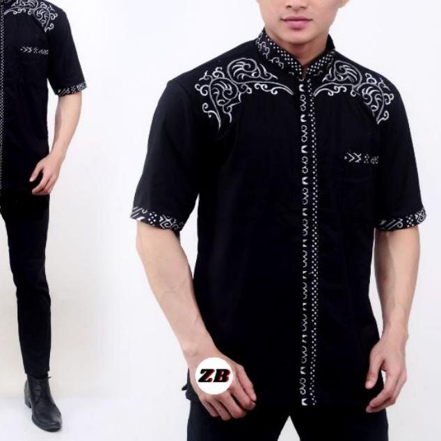 BEST SELLER Kemeja Batik Pria Katun Polos Kombinasi Bordir Bahu / Baju Batik Pria Murah Lengan Pendek ™
