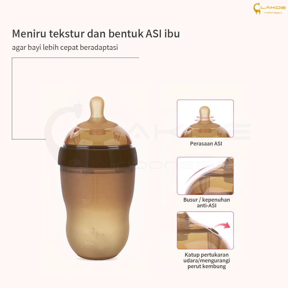 PIKO Bello Botol susu bayi Silikon Leher Lebar (WIDE NECK) Warna Coklat / Botol Bayi dengan sedotan