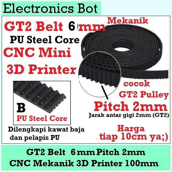 [EBS] GT2 Timing Belt 6mm Rubber PU Steel Core 100mm W6 10cm Pitch 2mm CNC 3D Printer Mekanik Karet-B PU + Steel Core