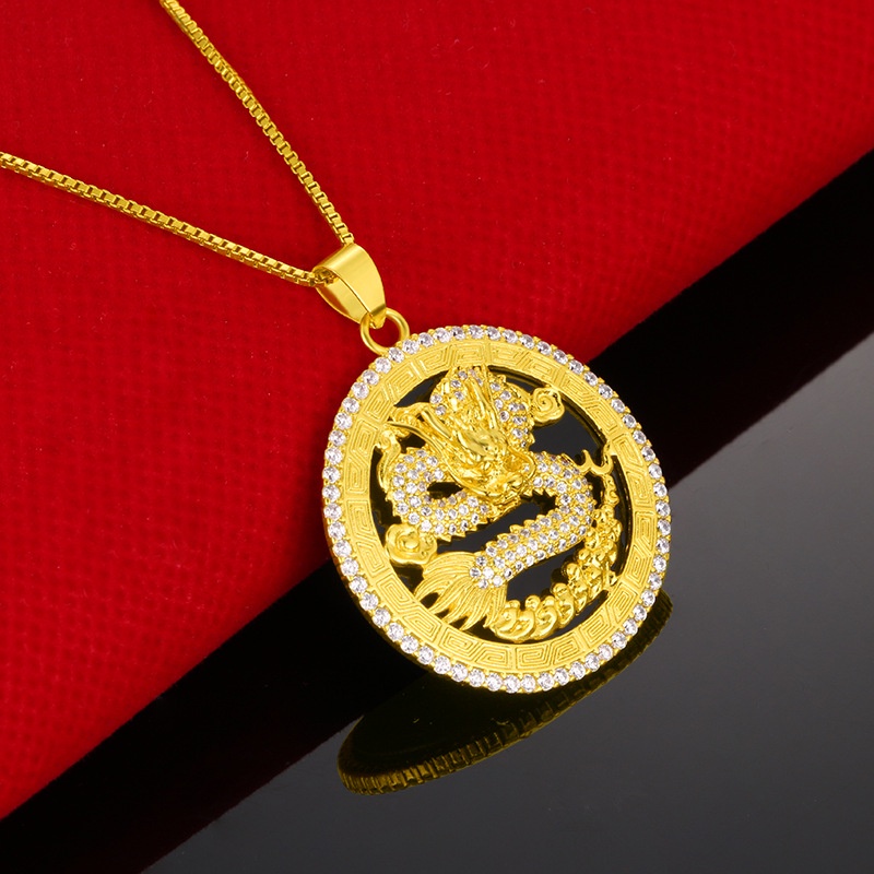 Liontin Desain Naga Lapis Emas Asli Kadar 375 Hias Berlian Untuk Pria Dan Wanita