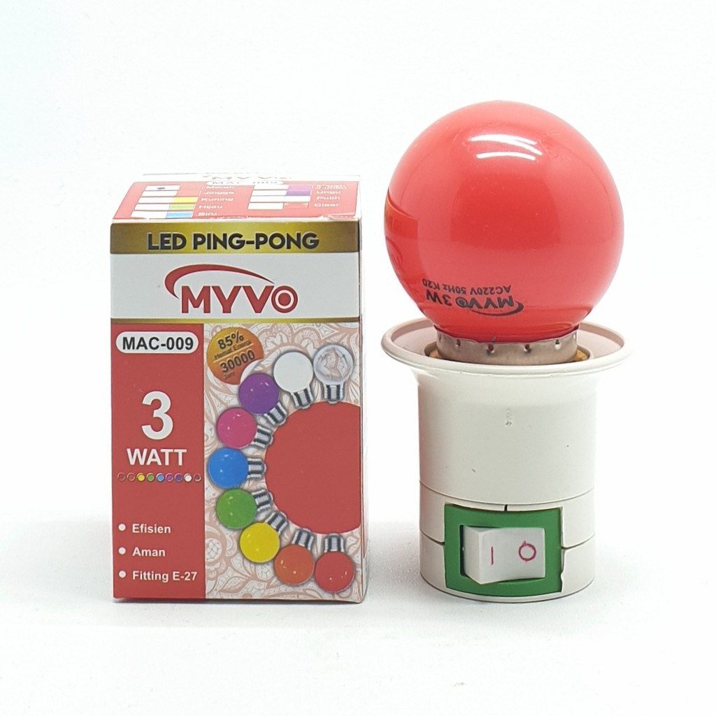 Myvo Merah Lampu Led Ping Pong 3W E27 Warna Merah + Linux Fiting Colok Switch / LAMPU TIDUR