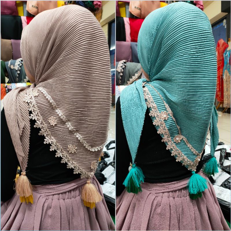 jilbab segi empat plisket renda murah