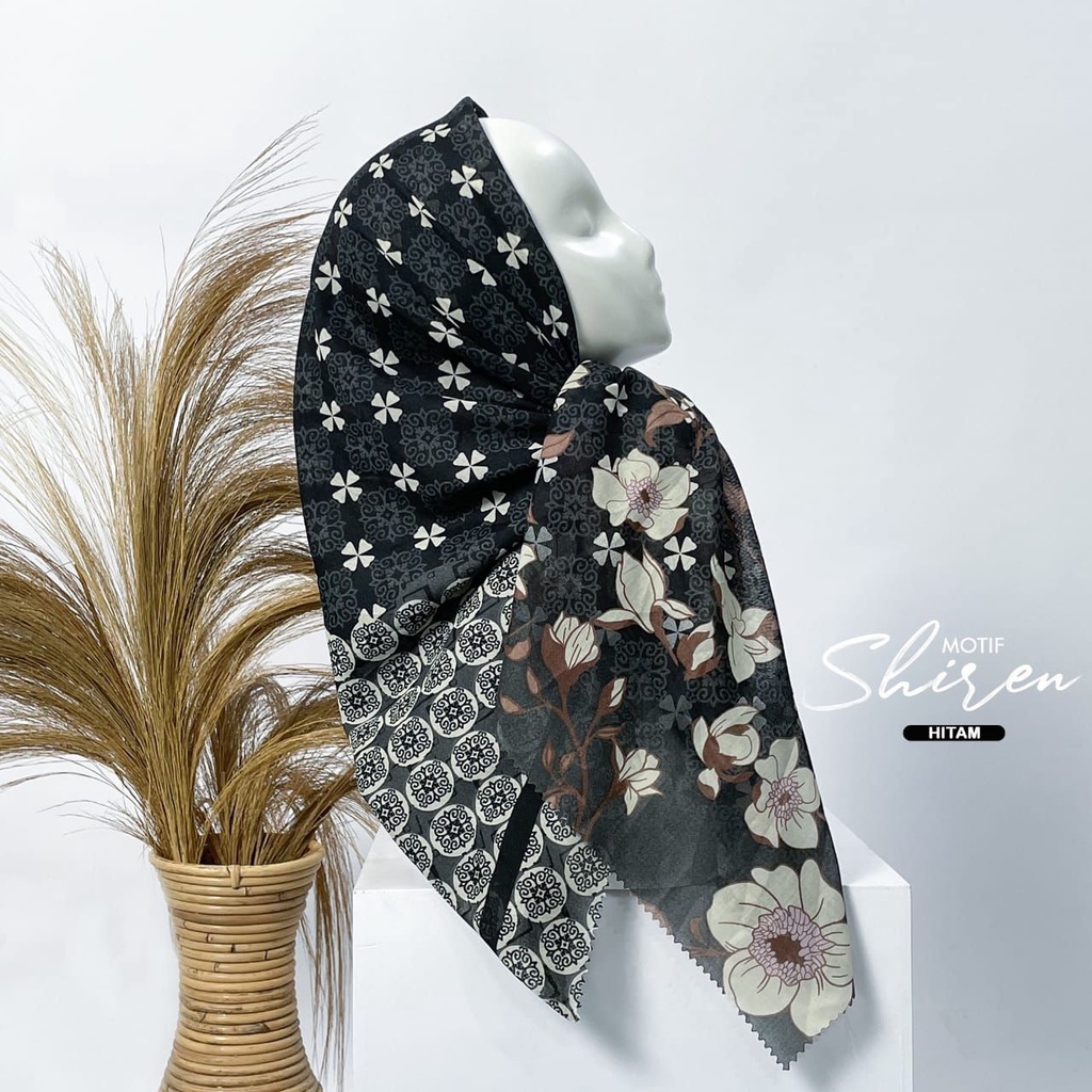 Hijab Segiempat Denay KW Motif Shiren Hitam / Deenay KW Voal Premium Lasercut Termurah