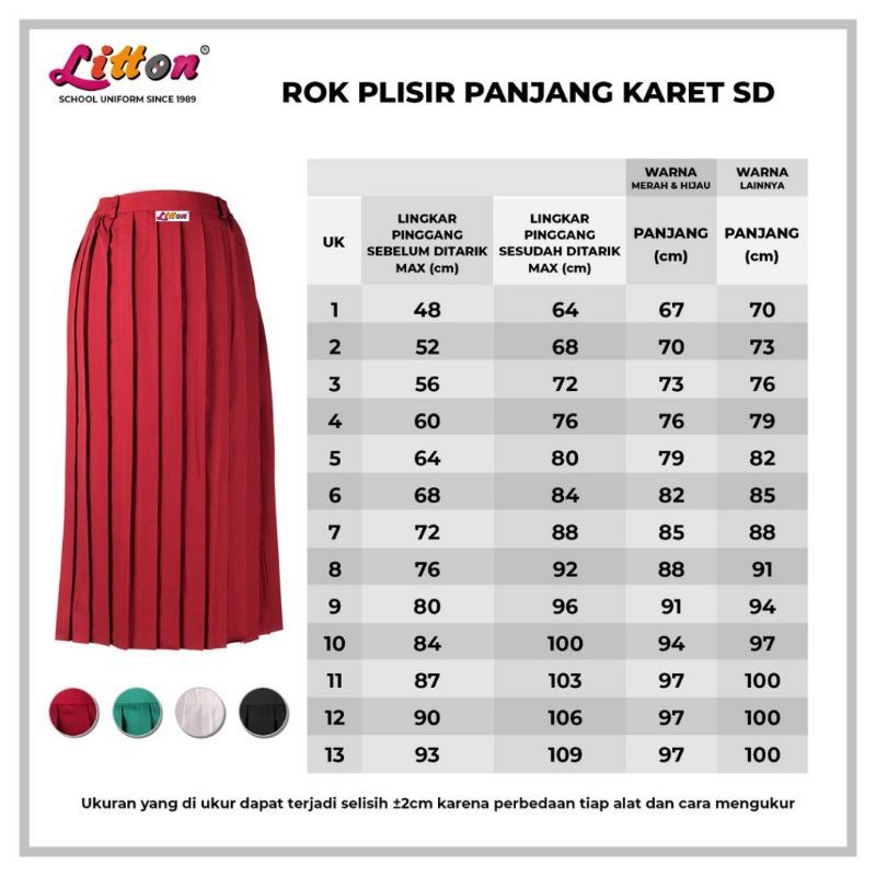 Rok seragam SD plisir panjang merah karet Litton bahan adem uk 2-12 / rok sekolah panjang merah