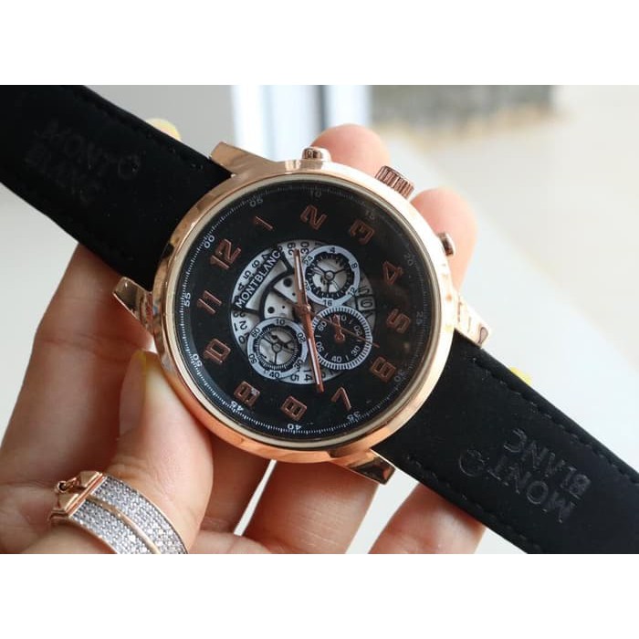 JAM TANGAN PRIA MONTBLANC KULIT CHRONO VARIASI BLACK ROSEGOLD (BLACK)