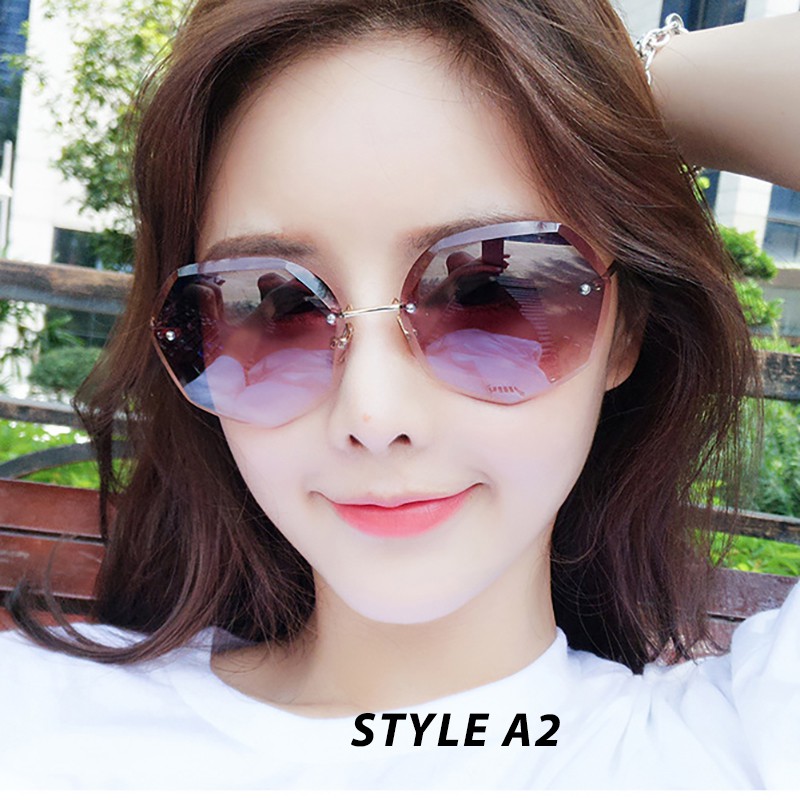 (YUZHU) COD Kacamata Hitam Korean Gaya Wanita Frameless Kacamata Hitam Bulat Sunglasses Women