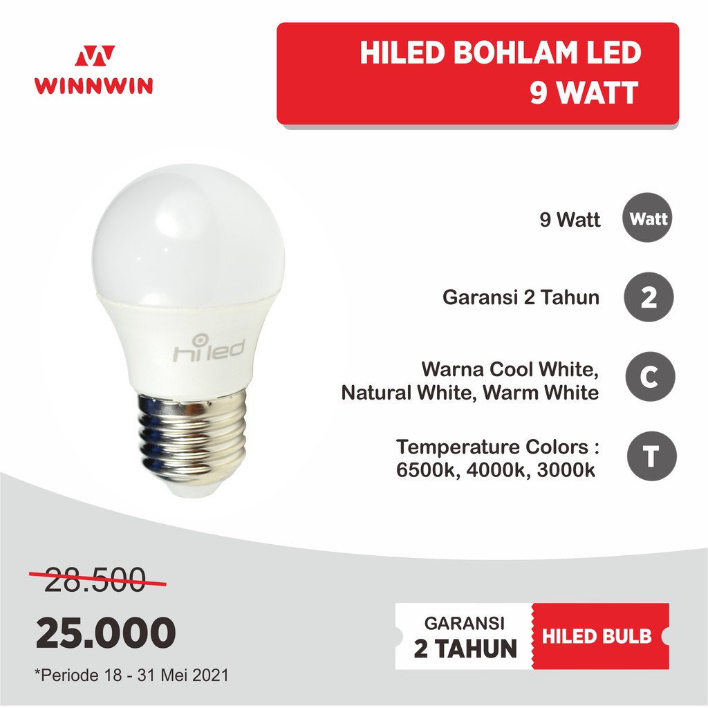 HiLed Bohlam LED 9W 220V White E27 NON HMA BLUE