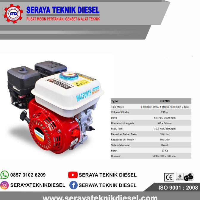 Mesin Penggerak Bensin 6.5 Hp MACFORTH GX200