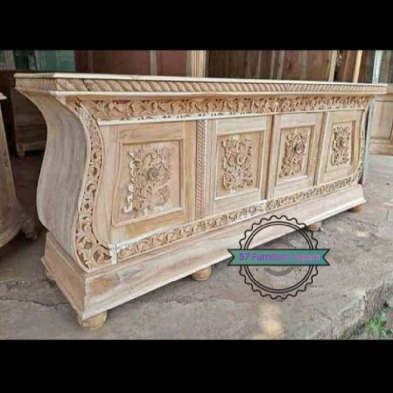 Lemari pendek ruang tamu jati mentahan - Bufet panjang ukir jepara