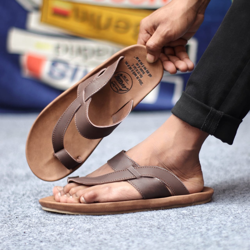 IMPLUS|Sandal Kulit Pria Santai Kekinian Traveling Cowok Hitam Coklat Murah Asli Original