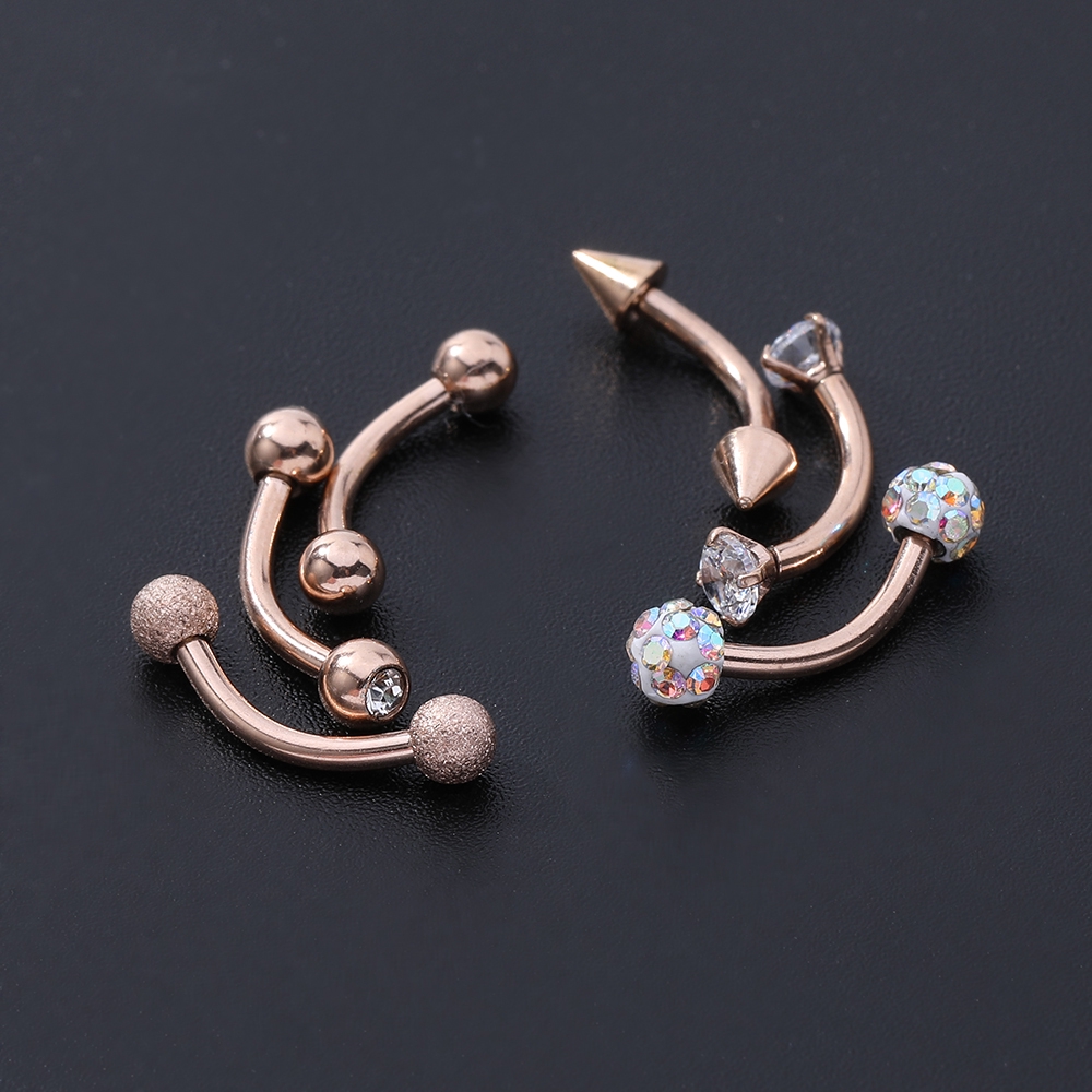 6pcs / Set Anting Tindik Alis Bahan Stainless Steel Warna Rose Gold Hias Berlian Imitasi