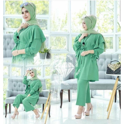 Set Baju Muslimah Wanita Remaja Long Tunik Mewah Terbaru 2022 Model Kekinian Trendy Setelan Celana P