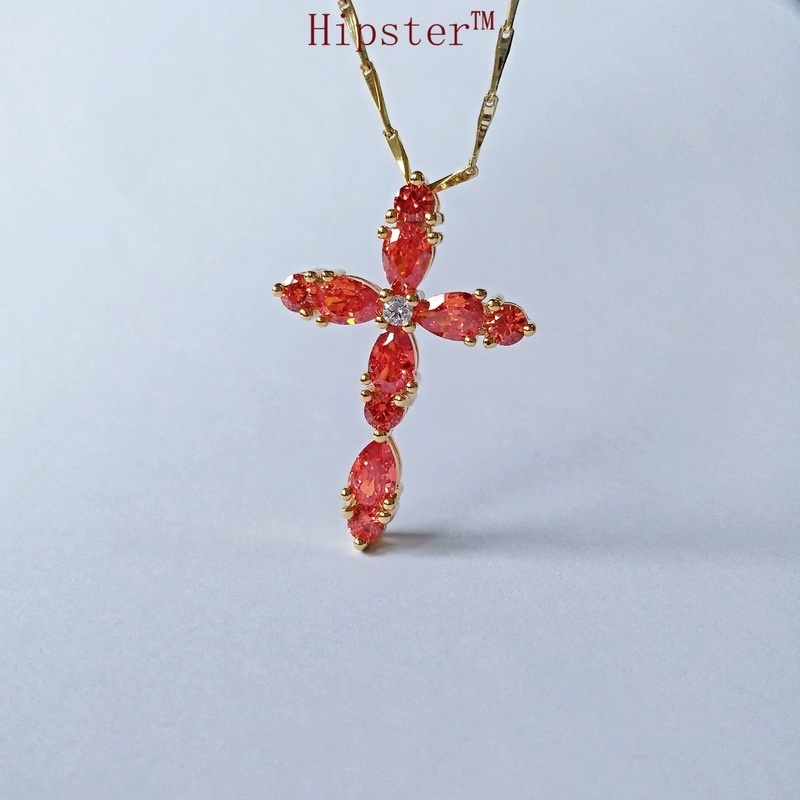 New Personalized Minority Simple and Natural Ruby Cross Pendant Vintage Temperament Clavicle Chain