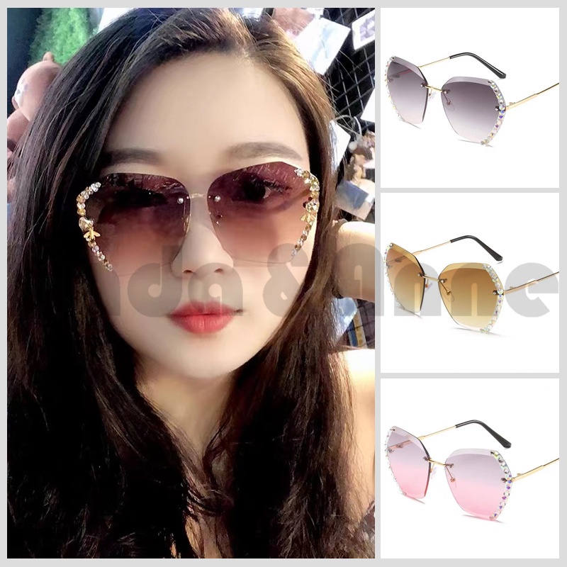 Kacamata Wanita Fashion Sunglasses Frameless Cut Edge Diamond Korean Import