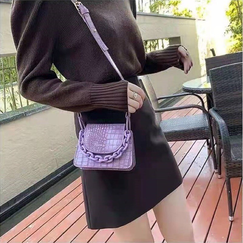 SG1766 syafniegalery tas selempang motif kulit buaya tali rantai besar impor croco bag